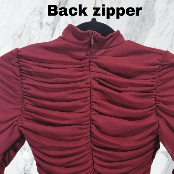 FASHION NOVA Burgundy ruched mini dress, Long sleeve, size xs - Picture 4 of 6